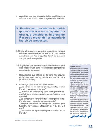 8 78 7
• A partir de las carencias detectadas, sugiérales que
vuelvan a “la fuente” para completar sus noticias.
3. Escribe en tu cuaderno la noticia3. Escribe en tu cuaderno la noticia
que contaste a tus compañeros uque contaste a tus compañeros u
otra que consideres interesante.otra que consideres interesante.
Recuerda responder la mayoría deRecuerda responder la mayoría de
las cinco preguntas.las cinco preguntas.
3.1Invite a los alumnos a escribir sus noticias para pu-
blicarlas en el diario del curso o en el diario mural,
apoyándose en “las preguntas clave” para garanti-
zar que estén completas.
3.2Sugiérales que revisen interactivamente sus noti-
cias y las corrijan para reescribirlas y compartirlas
con el resto del curso.
• Recuérdeles que al final de la ficha hay algunas
preguntas que los ayudarán en esa revisión
(Autoevaluación).
• Proponga otros criterios, tales como28
:
¿Las partes de mi noticia (título, párrafo, subtítu-
los, etc.) ayudan a la lectura?
¿La noticia es ordenada y clara para quien la lee?
¿Utilicé un vocabulario preciso y acorde con el tema
tratado?
¿Se conserva el tiempo verbal a lo largo del texto?
Por ejemplo, ¿está siempre en pasado?
¿Respeté las reglas de ortografía (acentos, pun-
tuación, mayúsculas, utilización de v-b, c-s, y-ll,
etc.?
¿Mi escritura es legible? (caligrafía, tamaño de le-
tra, etc.)
28
Ver Plan y programas de estudio para NB2, pág. 97.
Para6°básico
• Invite a los alumnos a re-
visar en grupo, completar
y reescribir las noticias re-
gistradas individualmente.
• Abra espacios para que
los grupos expongan sus
noticias al resto del cur-
so o a otro curso.
• Llame la atención de sus
alumnos sobre la coheren-
cia de su noticia: entre
sujeto y predicado, entre
pronombre y verbo, entre
nombre y adjetivo, en los
tiempos verbales utiliza-
dos, etc.
• Invítelos a verificar si la
articulación entre las ora-
ciones y párrafos es ade-
cuada. Por ejemplo, a tra-
vés de conectores como:
sin embargo, no obstante,
de tal modo, en tal senti-
do, entonces, luego, etc.
Fichas para niñosFichas para niños
 