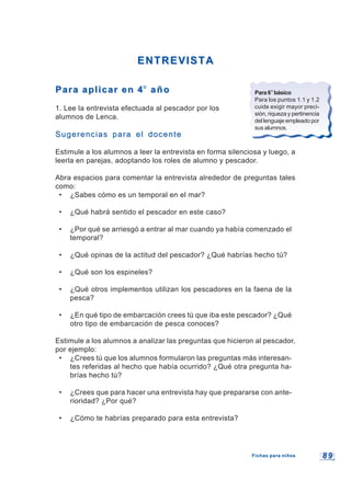 8 98 9
ENTREVISTAENTREVISTA
Para aplicar en 4Para aplicar en 4°° añoaño
1. Lee la entrevista efectuada al pescador por los
alumnos de Lenca.
Sugerencias para el docenteSugerencias para el docente
Estimule a los alumnos a leer la entrevista en forma silenciosa y luego, a
leerla en parejas, adoptando los roles de alumno y pescador.
Abra espacios para comentar la entrevista alrededor de preguntas tales
como:
• ¿Sabes cómo es un temporal en el mar?
• ¿Qué habrá sentido el pescador en este caso?
• ¿Por qué se arriesgó a entrar al mar cuando ya había comenzado el
temporal?
• ¿Qué opinas de la actitud del pescador? ¿Qué habrías hecho tú?
• ¿Qué son los espineles?
• ¿Qué otros implementos utilizan los pescadores en la faena de la
pesca?
• ¿En qué tipo de embarcación crees tú que iba este pescador? ¿Qué
otro tipo de embarcación de pesca conoces?
Estimule a los alumnos a analizar las preguntas que hicieron al pescador,
por ejemplo:
• ¿Crees tú que los alumnos formularon las preguntas más interesan-
tes referidas al hecho que había ocurrido? ¿Qué otra pregunta ha-
brías hecho tú?
• ¿Crees que para hacer una entrevista hay que prepararse con ante-
rioridad? ¿Por qué?
• ¿Cómo te habrías preparado para esta entrevista?
Para6°básico
Para los puntos 1.1 y 1.2
cuide exigir mayor preci-
sión, riqueza y pertinencia
del lenguaje empleado por
sus alumnos.
Fichas para niñosFichas para niños
 