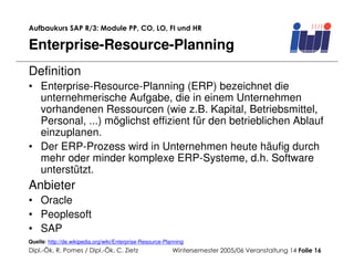 Aufbaukurs SAP R/3: Module PP, CO, LO, FI und HR

Enterprise-Resource-Planning
Definition
• Enterprise-Resource-Planning (ERP) bezeichnet die
  unternehmerische Aufgabe, die in einem Unternehmen
  vorhandenen Ressourcen (wie z.B. Kapital, Betriebsmittel,
  Personal, ...) möglichst effizient für den betrieblichen Ablauf
  einzuplanen.
• Der ERP-Prozess wird in Unternehmen heute häufig durch
  mehr oder minder komplexe ERP-Systeme, d.h. Software
  unterstützt.
Anbieter
• Oracle
• Peoplesoft
• SAP
Quelle: http://de.wikipedia.org/wiki/Enterprise-Resource-Planning
Dipl.-Ök. R. Pomes / Dipl.-Ök. C. Zietz                     Wintersemester 2005/06 Veranstaltung 14 Folie 16