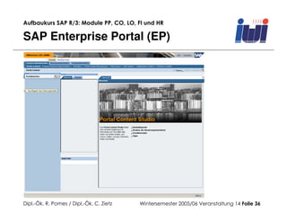 Aufbaukurs SAP R/3: Module PP, CO, LO, FI und HR

SAP Enterprise Portal (EP)




Dipl.-Ök. R. Pomes / Dipl.-Ök. C. Zietz   Wintersemester 2005/06 Veranstaltung 14 Folie 36