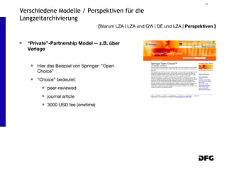 “ Private”-Partnership Model -- z.B. über Verlage Hier das Beispiel von Springer: “Open Choice” “Choice” bedeutet: peer-reviewed journal article 3000 USD fee (onetime) [ Warum LZA | LZA und GW | DE und LZA |  Perspektiven ] Verschiedene Modelle / Perspektiven für die Langzeitarchivierung 