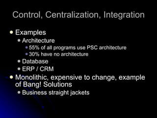 Control, Centralization, Integration Examples Architecture 55% of all programs use PSC architecture 30% have no architecture Database ERP / CRM Monolithic, expensive to change, example of Bang! Solutions Business straight jackets 