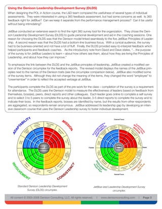 Using the Denison Leadership Development Survey (DLDS)
When designing the POL in Action course, the L&D team compared the usefulness of several types of individual
assessments. They were intesrested in using a 360 feedback assessment, but had some concerns as well. Is 360
feedback right for JetBlue? Can we keep it separate from the performance management process? Can it be useful
without being intimidating?

JetBlue conducted an extensive search to find the right 360 survey tool for the organization. They chose the Deni-
son Leadership Development Survey (DLDS) to guide personal development and aid in the coaching sessions. One
reason for choosing the DLDS was that the Denison model linked seamlessly to the five JetBlue Principles of Leader-
ship. A second reason was that the DLDS had a bottom-line business focus. With a cynical audience, the survey
had to be business-oriented and not have a lot of fluff. Finally, the DLDS provided easy-to-interpret feedback which
helped participants and feedback coaches. As the introductory note from David and Dave states, “…the purpose
of the survey is for JetBlue Leaders to learn – about how others see them, about how they are living the Principles of
Leadership, and about how they can improve.”

To emphasize the link between the DLDS and the JetBlue principles of leadership, JetBlue created a modified ver-
sion of the Denison circumplex for the feedback reports. The revised model displays the names of the JetBlue prin-
ciples next to the names of the Denison traits (see the circumplex comparison below). JetBlue also modified some
of the survey items. Although they did not change the meaning of the items, they changed the word “employee” to
“crewmember” in order to reflect the accepted verbiage at JetBlue.

The participants complete the DLDS as part of the pre-work for the class – completion of the survey is a requirement
for attendance. The DLDS uses the Denison model to measure the effectiveness of leaders based on feedback from
themselves, boss(es), peers, direct reports and other colleagues. Each leader goes online to complete a self survey
and to select 3 to 5 peers to complete the survey about the leader, 3-5 direct reports to complete the survey and to
indicate their boss. In the feedback reports, bosses are identified by name, but the results from other respondents
are aggregated, so respondents remain anonymous. JetBlue addressed its leadership gap by developing an inten-
sive classroom course that uses the Denison Leadership survey to foster individual development.




        Standard Denison Leadership Development                           JetBlue-ized Leadership Development Survey
               Survey (DLDS) circumplex.                                                  circumplex.

  All content © 2005-2006 Denison Consulting, LLC. All rights reserved.     l   www.denisonconsulting.com     l   Page 3
 