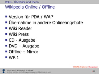 Wikipedia Online / Offline Version für PDA / WAP Übernahme in andere Onlineangebote Wiki Reader Wiki Press CD - Ausgabe DVD – Ausgabe Offline – Mirror WP.1  EXKURS: Probleme |  Überspringen 