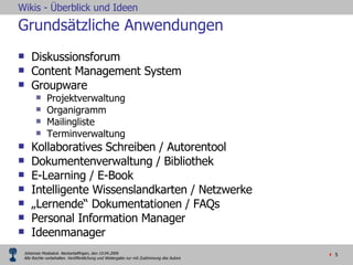 Grundsätzliche Anwendungen Diskussionsforum Content Management System  Groupware Projektverwaltung Organigramm Mailingliste Terminverwaltung Kollaboratives Schreiben / Autorentool Dokumentenverwaltung / Bibliothek E-Learning / E-Book Intelligente Wissenslandkarten / Netzwerke  „ Lernende“ Dokumentationen / FAQs Personal Information Manager Ideenmanager 
