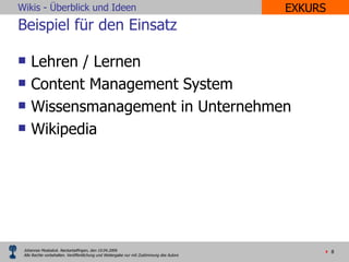 Beispiel für den Einsatz Lehren / Lernen Content Management System Wissensmanagement in Unternehmen Wikipedia EXKURS 
