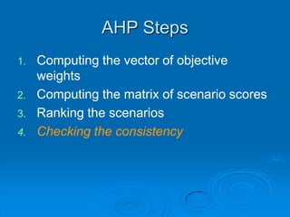 AHP Steps
1.   Computing the vector of objective
     weights
2.   Computing the matrix of scenario scores
3.   Ranking the scenarios
4.   Checking the consistency
 