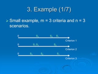 3. Example (1/7)
 Small
      example, m = 3 criteria and n = 3
 scenarios.

     0            S3         S2    S1
                                            Criterion 1
     0          S1 S3             S2
                                            Criterion 2
     0     S3           S2             S1
                                            Criterion 3
 