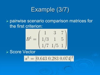 Example (3/7)
 pairwise  scenario comparison matrices for
 the first criterion:




 Score   Vector
 