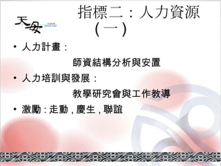 指標二：人力資源 ( 一 ) 人力計畫： 師資結構分析與安置 人力培訓與發展： 教學研究會與工作教導  激勵 : 走動 , 慶生 , 聯誼 