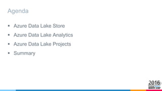Agenda
 Azure Data Lake Store
 Azure Data Lake Analytics
 Azure Data Lake Projects
 Summary
 