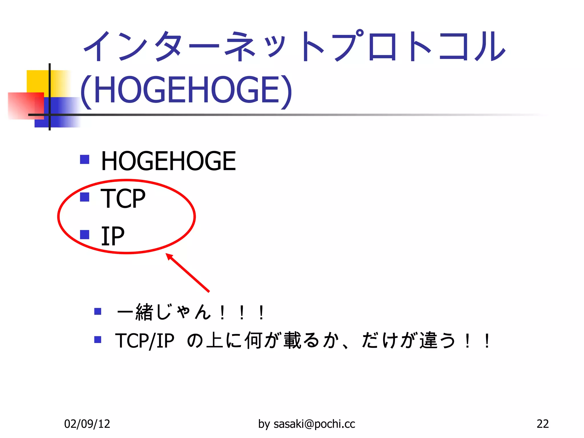 インターネットプロトコル (HOGEHOGE) HOGEHOGE TCP IP 一緒じゃん！！！ TCP/IP  の上に何が載るか、だけが違う！！ 