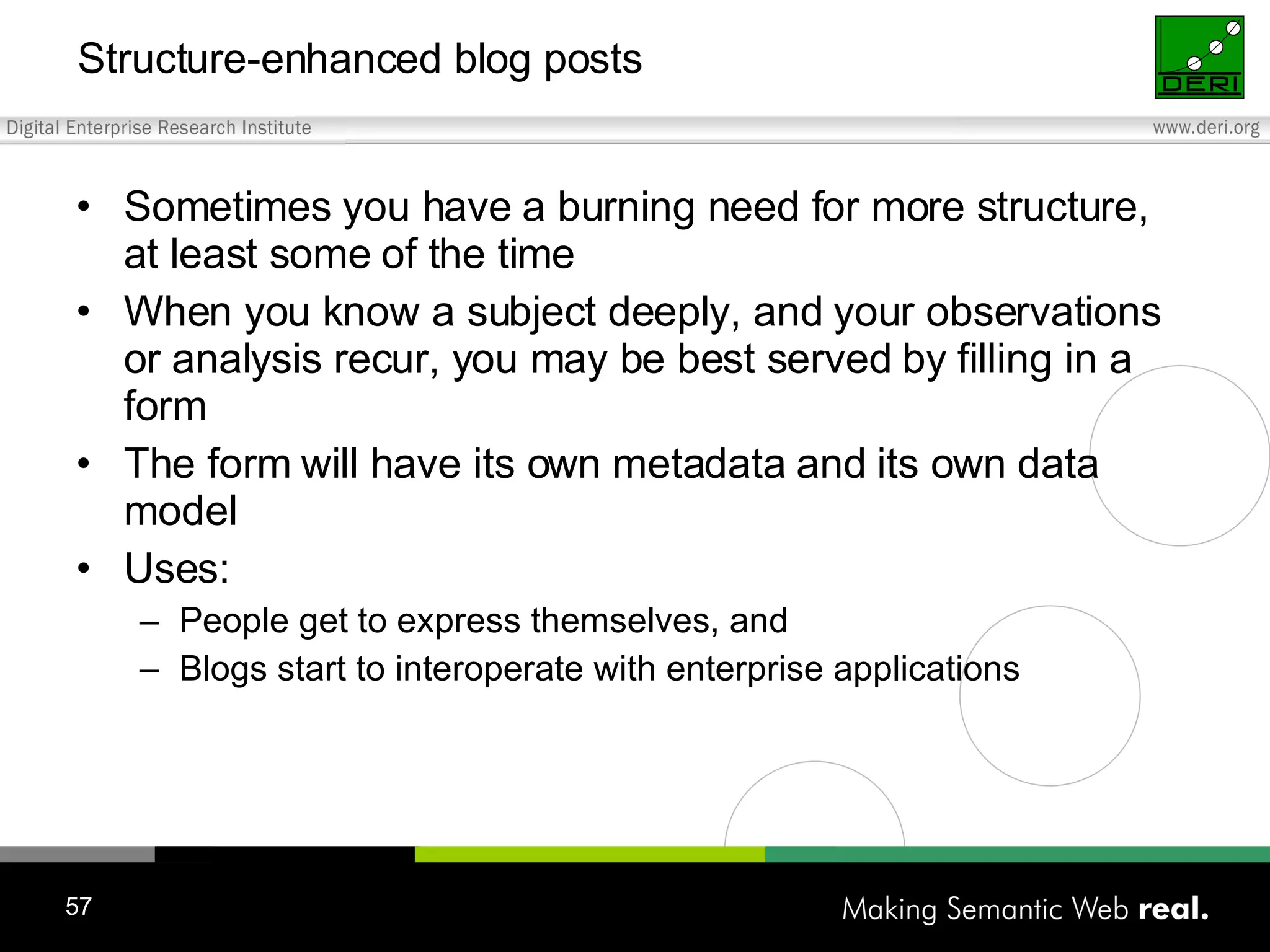 Structure-enhanced blog posts Sometimes you have a burning need for more structure, at least some of the time When you know a subject deeply, and your observations or analysis recur, you may be best served by filling in a form The form will have its own metadata and its own data model Uses: People get to express themselves, and Blogs start to interoperate with enterprise applications 