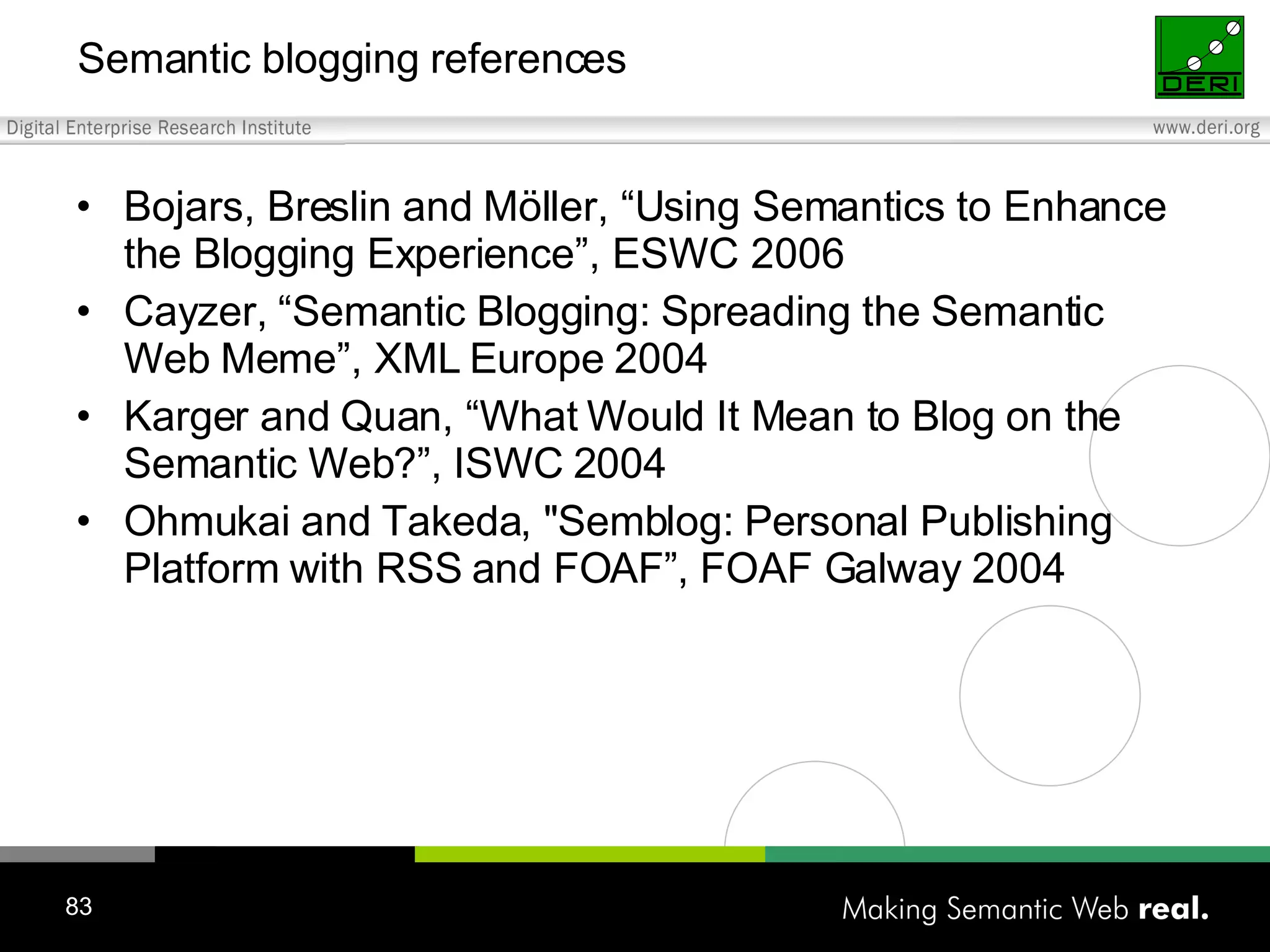 Semantic blogging references Bojars, Breslin and Möller, “Using Semantics to Enhance the Blogging Experience”, ESWC 2006 Cayzer, “Semantic Blogging: Spreading the Semantic Web Meme”, XML Europe 2004 Karger and Quan, “What Would It Mean to Blog on the Semantic Web?”, ISWC 2004 Ohmukai and Takeda, &quot;Semblog: Personal Publishing Platform with RSS and FOAF”, FOAF Galway 2004 