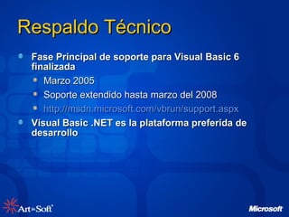 Respaldo Técnico Fase Principal de soporte para Visual Basic 6 finalizada Marzo 2005 Soporte extendido hasta marzo del 2008 http://msdn.microsoft.com/vbrun/support.aspx Visual Basic .NET es la plataforma preferida de desarrollo 