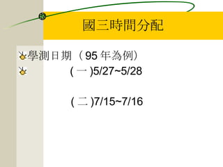國三時間分配 學測日期（ 95 年為例） ( 一 )5/27~5/28  ( 二 )7/15~7/16  