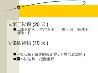 第三階段 (20 天 ) 以課本範例，習作為主，再做一遍，做基本補強工作 第四階段 (10 天 ) 平復心情 ( 該會的就是會 , 不會的就放掉 ) 課本快速翻閱把握重點 