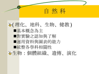 自 然 科 ( 理化、地科、生物、健教 ) 基本概念為主 對實驗之認知與了解 運用資料與圖表的能力 統整各學科相關性 生物：個體組織、遺傳、演化 
