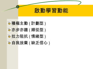 啟動學習動能 積極主動 ( 計劃型 ) 亦步亦趨 ( 順從型 ) 拉力阻抗 ( 情緒型 ) 自我放棄 ( 缺乏信心 ) 