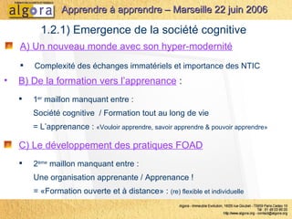 A) Un nouveau monde avec son hyper-modernité Complexité des échanges immatériels et importance des NTIC C) Le développement des pratiques FOAD 2 ème  maillon manquant entre :  Une organisation apprenante / Apprenance ! = «Formation ouverte et à distance» :  (re) flexible et individuelle 1.2.1) Emergence de la société cognitive B) De la formation vers l’apprenance  :   1 er  maillon manquant entre : Société cognitive  / Formation tout au long de vie = L’apprenance :  «Vouloir apprendre, savoir apprendre & pouvoir apprendre»   Apprendre à apprendre – Marseille 22 juin 2006 
