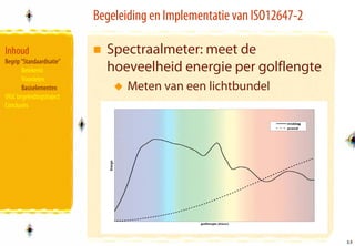 Begeleiding en Implementatie van ISO12647-2

Inhoud                       Spectraalmeter: meet de
Begrip “Standaardisatie”
       Betekenis             hoeveelheid energie per golflengte
       Voordelen
       Basiselementen             Meten van een lichtbundel
VIGC begeleidingstraject
Conclusies




                                                                         13
                                                                         13
 