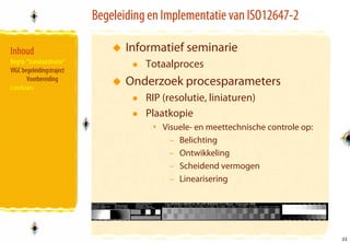 Begeleiding en Implementatie van ISO12647-2

Inhoud                            Informatief seminarie
Begrip “Standaardisatie”              Totaalproces
VIGC begeleidingstraject
       Voorbereiding
Conclusies
                                  Onderzoek procesparameters
                                      RIP (resolutie, liniaturen)
                                      Plaatkopie
                                          Visuele- en meettechnische controle op:
                                            – Belichting
                                            – Ontwikkeling
                                            – Scheidend vermogen
                                            – Linearisering




                                                                                    21
                                                                                    21
 