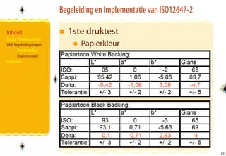 Begeleiding en Implementatie van ISO12647-2

Inhoud                       1ste druktest
Begrip “Standaardisatie”
VIGC begeleidingstraject          Papierkleur
       Voorbereiding
       Implementatie
Conclusies




                                                                         32
                                                                         32
 