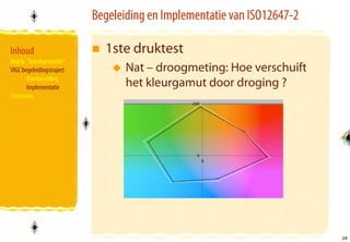 Begeleiding en Implementatie van ISO12647-2

Inhoud                       1ste druktest
Begrip “Standaardisatie”
VIGC begeleidingstraject          Nat – droogmeting: Hoe verschuift
       Voorbereiding
       Implementatie              het kleurgamut door droging ?
Conclusies




                                                                         38
                                                                         38
 