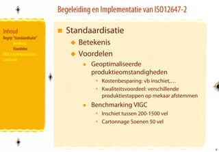 Begeleiding en Implementatie van ISO12647-2

Inhoud                       Standaardisatie
Begrip “Standaardisatie”
       Betekenis                  Betekenis
       Voordelen
VIGC begeleidingstraject          Voordelen
Conclusies
                                      Geoptimaliseerde
                                      produktieomstandigheden
                                         Kostenbesparing: vb inschiet,…
                                         Kwaliteitsvoordeel: verschillende
                                         produktiestappen op mekaar afstemmen
                                      Benchmarking VIGC
                                         Inschiet tussen 200-1500 vel
                                         Cartonnage Soenen 50 vel



                                                                                6
                                                                                6
 