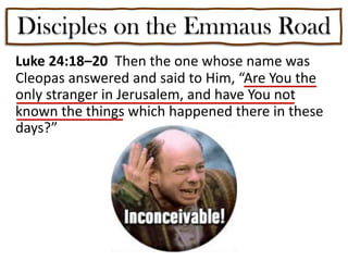 Disciples on the Emmaus Road
Luke 24:18–20 Then the one whose name was
Cleopas answered and said to Him, “Are You the
only stranger in Jerusalem, and have You not
known the things which happened there in these
days?”
 