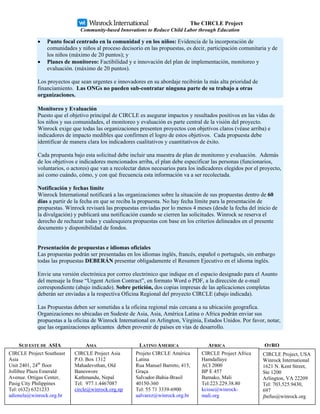 The CIRCLE Project
                              Community-based Innovations to Reduce Child Labor through Education

            •   Punto focal centrado en la comunidad y en los niños: Evidencia de la incorporación de
                comunidades y niños al proceso decisorio en las propuestas, es decir, participación comunitaria y de
                los niños (máximo de 20 puntos); y
            •   Planes de monitoreo: Factibilidad y e innovación del plan de implementación, monitoreo y
                evaluación. (máximo de 20 puntos).

            Los proyectos que sean urgentes e innovadores en su abordaje recibirán la más alta prioridad de
            financiamiento. Las ONGs no pueden sub-contratar ninguna parte de su trabajo a otras
            organizaciones.

            Monitoreo y Evaluación
            Puesto que el objetivo principal de CIRCLE es asegurar impactos y resultados positivos en las vidas de
            los niños y sus comunidades, el monitoreo y evaluación es parte central de la visión del proyecto.
            Winrock exige que todas las organizaciones presenten proyectos con objetivos claros (véase arriba) e
            indicadores de impacto medibles que confirmen el logro de estos objetivos. Cada propuesta debe
            identificar de manera clara los indicadores cualitativos y cuantitativos de éxito.

            Cada propuesta bajo esta solicitud debe incluir una muestra de plan de monitoreo y evaluación. Además
            de los objetivos e indicadores mencionados arriba, el plan debe especificar las personas (funcionarios,
            voluntarios, o actores) que van a recolectar datos necesarios para los indicadores elegidos por el proyecto,
            así como cuándo, cómo, y con qué frecuencia esta información va a ser recolectada.

            Notificación y fechas límite
            Winrock International notificará a las organizaciones sobre la situación de sus propuestas dentro de 60
            días a partir de la fecha en que se reciba la propuesta. No hay fecha límite para la presentación de
            propuestas. Winrock revisará las propuestas enviadas por lo menos 4 meses (desde la fecha del inicio de
            la divulgación) y publicará una notificación cuando se cierren las solicitudes. Winrock se reserva el
            derecho de rechazar todas y cualesquiera propuestas con base en los criterios delineados en el presente
            documento y disponibilidad de fondos.


            Presentación de propuestas e idiomas oficiales
            Las propuestas podrán ser presentadas en los idiomas inglés, francés, español o portugués, sin embargo
            todas las propuestas DEBERÁN presentar obligadamente el Resumen Ejecutivo en el idioma inglés.

            Envie una versión electrónica por correo electrónico que indique en el espacio designado para el Asunto
            del mensaje la frase “Urgent Action Contract”, en formato Word o PDF, a la dirección de e-mail
            correspondiente (abajo indicado). Sobre petición, dos copias impresas de las aplicaciones completas
            deberán ser enviadas a la respectiva Oficina Regional del proyecto CIRCLE (abajo indicada).

            Las Propuestas deben ser sometidas a la oficina regional más cercana a su ubicación geografica.
            Organizaciones no ubicadas en Sudeste de Asia, Asia, América Latina o Africa podrán enviar sus
            propuestas a la oficina de Winrock International en Arlington, Virginia, Estados Unidos. Por favor, notar,
            que las organizaciones aplicantes deben provenir de países en vías de desarrollo.


    SUD ESTE DE ASIA             ASIA                    LATINO AMERICA                AFRICA                   OTRO
CIRCLE Project Southeast    CIRCLE Project Asia        Projeto CIRCLE América       CIRCLE Project Africa      CIRCLE Project, USA
Asia                        P.O. Box 1312              Latina                       Hamdallaye                 Winrock International
Unit 2401, 24th floor       Mahadevsthan, Old          Rua Manuel Barreto, 415,     ACI 2000                   1621 N. Kent Street,
Jollibee Plaza Emerald      Baneswore                  Graça                        BP E 457                   Ste 1200
Avenue. Ortigas Center,     Kathmandu, Nepal           Salvador-Bahia-Brasil        Bamako, Mali               Arlington, VA 22209
Pasig City Philippines      Tel: 977.1.4467087         40150-360                    Tel:223.229.38.80          Tel: 703.525.9430,
Tel: (632) 6321233          circle@winrock.org.np      Tel: 55 71 3339-6900         kcisse@winrock-            697
adionela@winrock.org.br                                aalvarez@winrock.org.br      mali.org                   jbefus@winrock.org
 