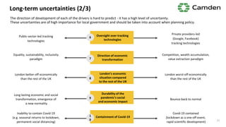Long-lasting economic and social
transformation, emergence of
a new normality
Bounce-back to normal
Long-term uncertainties (2/3)
The direction of development of each of the drivers is hard to predict - it has a high level of uncertainty.
These uncertainties are of high importance for local government and should be taken into account when planning policy.
Public-sector-led tracking
technologies
Private providers-led
(Google, Facebook)
tracking technologies
Equality, sustainability, inclusivity
paradigm
Competition, wealth accumulation,
value extraction paradigm
Oversight over tracking
technologies
Direction of economic
transformation
Durability of the
pandemic’s social
and economic impact
6
7
9
London’s economic
situation compared
to the rest of the UK
London better-off economically
than the rest of the UK
London worst-off economically
than the rest of the UK8
Containment of Covid-19
Inability to contain Covid-19
(e.g. seasonal returns to lockdown,
permanent social distancing)
Covid-19 contained
(lockdown as a one-off event,
rapid scientific development)
1
0 21
 