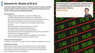 Key developments
- Guiding principles: productivity, consumption, exchange value.
- Centrally managed funding, not allowing for local-level flexibility.
- Government expecting the economy to return to normal after the initial crisis.
- State support for businesses only on short-term basis. Pressures on
businesses to return to trading or close. Unconditional bailouts of big
businesses.
- Market speculation and value extraction (e.g. in housing).
- Increased deregulation. Environmental destruction.
- Dismantling of welfare programs and labour protection.
- Rise of inequalities. Economic hardship leading to social unrest, mental health
problems and anti-immigrant sentiment.
- Risks: can work only if COVID-19 proves controllable over a short period.
Possible market collapse and economic hardship for many.
Scenario III: Illusion of B-A-U
Citizen stories & lived experience
“I worked as an Uber driver for 5 years. Now I don’t qualify for unemployment benefits.”
Implications for Camden
Financial pressures to cut services. At the same time, pressure to address gaps in
service provision. Exclusion of local government from decision-making. Political
tensions between national and local levels. Lack of space for citizen participation.
Stress and anxiety for the council’s workforce.
Centralised response aiming to return to ‘business as usual’ as quickly as possible.
Recovery reliant on market mechanisms and a leading role of the private sector
results in power-grab and a deepening inequality.
28
 