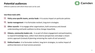 Potential audiences
Different audiences with whom these tools can be used.
38
Use these tools with:
1. Policy area-specific teams, service leads → to access impact on particular policies
2. Senior management → to formulate resilient, long-term strategies
3. Other councils → to engage other organisations, built consensus and shared
understanding and build coalitions to drive change impactfully
4. Citizens, community leaders etc. → as part of citizen engagement and participation,
to expand knowledge base, collect more diverse perspectives and adapt a citizen-
centric approach (instead of planning remaining the realm of civil servants!)
5. Political leaders → to formulate resilient, long-term strategies, to realise impact of
political decisions on local service provision
1
2
3
4
5
 
