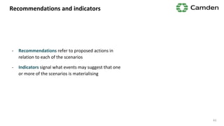 Recommendations and indicators
- Recommendations refer to proposed actions in
relation to each of the scenarios
- Indicators signal what events may suggest that one
or more of the scenarios is materialising
43
 