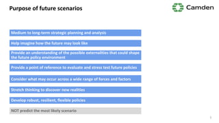 Purpose of future scenarios
5
Medium to long-term strategic planning and analysis
Help imagine how the future may look like
Provide an understanding of the possible externalities that could shape
the future policy environment
Provide a point of reference to evaluate and stress test future policies
Consider what may occur across a wide range of forces and factors
Stretch thinking to discover new realities
Develop robust, resilient, flexible policies
NOT predict the most likely scenario
 