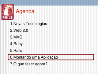 Agenda Novas Tecnologias Web 2.0 MVC Ruby Rails Montando uma Aplicação O que fazer agora? 