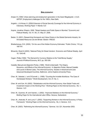 22 
BIBLIOGRAPHY 
Amjad, R. (1990) ‘Urban planning and employment generation in the Asian Megalopolis’, in ILO-ARTEP: 
Employment challenges for the 1990’s, New Delhi. 
Angelini, J. & Hirose, K. (2004) Extension of Social Security Coverage for the Informal Economy in 
Indonesia, Working Paper 11 Manila: ILO 
Anjaria, Jonathan Shapiro. 2006. "Street Hawkers and Public Space in Mumbai." Economic and 
Political Weekly, Vol. 41, No. 21, May 27, 2006. 
Baden, S. (2001). Researching Homework and Value Chains in the Global Garments Industry: An 
Annotated Resource List and Binder. Boston: WIEGO 
Bhattacharyya, D.K. (2004). “On the use of the Hidden Economy Estimates.” Public Choice, 118, pp. 
169-181. 
Bhowmik, Sharit K (2003): ‘National Policy for Street Vendors’, Economic and Political Weekly, April 
19, 1543-46. 
Cagan, Phillip (1958): “The Demand for Currency Relative to the Total Money Supply,” 
Journal of Political Economy, 66:3, pp. 302-328. 
Castells, Manuel and Alejandro Portes. (1989). ‘World Underneath: The Origins, 
Dynamics, and Effects of the Informal Economy’. In Alejandro Portes, Manuel Castells 
and Lauren A Benton (eds), The Informal Economy: Studies in Advanced and Less 
Advanced Developed Countries. Baltimore: Johns Hopkins University Press. 
Chen, M., Sebstad, J. and O'Connell. L. (1999). "Counting the Invisible Workforce: The Case of 
Homebased Workers." World Development¸ Vol. 27, No. 3. 
Chen, M. and Carr, M. (2002). “Globalization and the Informal Economy: How Global Trade and 
Investment Impact on the Working Poor.” Working Paper on the Informal Economy , No. 1. 
Geneva : ILO 
Chen, M., Guerrero, M. and Vaanek, J. (2002). “Improved Statistics on the Informal Economy.” 
Briefing Paper for the International Labor Office. Geneva, Switzerland. 
Chen, M., Jhabvala, R. and Lund, F. (2002). “Supporting Workers in the Informal Economy: A Policy 
Framework.” Working Paper on the Informal Economy , No. 2. Geneva : ILO. 
Chen, M. (2003). “Rethinking the Informal Economy.” Seminar, Vol. 531, November 2003. 
 