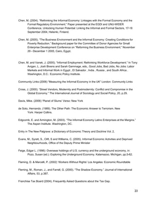 23 
Chen, M. (2004). “Rethinking the Informal Economy: Linkages with the Formal Economy and the 
Formal Regulatory Environment.” Paper presented at the EGDI and UNU-WIDER 
Conference, Unlocking Human Potential: Linking the Informal and Formal Sectors, 17-18 
September 2004, Helsinki, Finland. 
Chen, M. (2005). “The Business Environment and the Informal Economy: Creating Conditions for 
Poverty Reduction.” Background paper for the Committee of Donor Agencies for Small 
Enterprise Development Conference on “Reforming the Business Environment,” November 
29 - December 1 2005, Cairo, Egypt. 
Chen, M. and Vanek, J. (2005). “Informal Employment: Rethinking Workforce Development.” In Tony 
Avigan, L. Josh Bivens and Sarah Gammage, eds., Good Jobs, Bad Jobs, No Jobs: Labor 
Markets and Informal Work in Egypt , El Salvador , India , Russia , and South Africa . 
Washington, D.C.: Economic Policy Institute. 
Community Links (2006) “Measuring the Informal Economy in the UK” London: Community Links 
Cross, J. (2000). “Street Vendors, Modernity and Postmodernity: Conflict and Compromise in the 
Global Economy.” The International Journal of Sociology and Social Policy, 20, p.29. 
Davis, Mike. (2006) ‘Planet of Slums’ Verso: New York 
de Soto, Hernando. (1989). The Other Path: The Economic Answer to Terrorism. New 
York: Harper Collins. 
Edgcomb, E. and Armington, M. (2003). “The Informal Economy Latino Enterprises at the Margins.” 
The Aspen Institute. Washington, DC. 
Entry in The New Palgrave: a Dictionary of Economic Theory and Doctrine Vol. 2, 
Evans, M., Syrett, S., Clift, S and Williams, C. (2005). Informal Economic Activities and Deprived 
Neighbourhoods, Office of the Deputy Prime Minister 
Feige, Edgar L. (1996): Overseas holdings of U.S. currency and the underground economy, in: 
Pozo, Susan (ed.): Exploring the Underground Economy. Kalamazoo, Michigan, pp.5-62. 
Flaming, D. & Marcelli, P. (2002) ‘Workers Without Rights’ Los Angeles: Economic Roundtable 
Fleming, M., Roman, J., and Farrell, G. (2000). “The Shadow Economy.” Journal of International 
Affairs, 53, p.387. 
Franchise Tax Board (2004). Frequently Asked Questions about the Tax Gap. 
 