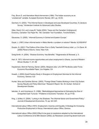 24 
Frey, Bruno S. and Hannelore Weck-Hannemann (1984): The hidden economy as an 
“unobserved” variable, European Economic Review, 26/1, pp. 33-53. 
Gerxhani, K. (2003). “The Informal Sector in Developed and Less Developed Countries: A Literature 
Survey.” Amsterdam Institute for Advanced Labor Studies. 
Giles, David, E.A. and Linsey M. Tedds (2002): Taxes and the Canadian Underground 
Economy, Canadian Tax Paper No. 106, Canadian Tax Foundation, Toronto/Ontario. 
Glovackas, S. (2005). “Informal Economy in Central and Eastern Europe.” 
Gopal, J. (1997) Urban informal sector in Metro Manila: a problem or solution? Manila: ILO/SEAPAT 
Gooptu, N. (2001) ‘The Politics of the Urban Poor in Early Twentieth-Century India’, p. 2 in Davis, M. 
(2006) Planet of Slums, Verso: New York 
Greig-Smith, H. (2004). “Shadow Economy ‘Has Benefits’.” Regeneration & Renewal, p. 5. 
Hart, K. 1973. Informal income opportunities and urban employment in Ghana. Journal of Modern 
African Studies 11, 61–89 
Haydamack, Brent & Flaming, Daniel. (2003). Marginal Jobs: LA’s Off-The-Books Labor Force. 
Economic Roundtable Paper, Los Angeles, CA 
Howell, J. (2002) Good Practice Study in Shanghai on Employment Services for the Informal 
Economy, Geneva: ILO 
Hunter, Nina and Caroline Skinner. (2003). "Foreign Street Traders Working in Inner City Durban: 
Survey Results and Policy Dilemmas." Research Report, No. 49. Durban: School of 
Development Studies. 
Iakovlev, A. and Vorontsova, O. (1998). “Methodological Approaches to Estimating the Size of 
Unreported Cash Turnover.” Problems in Economic Transition, 40, pp.77-92. 
Ihrig, J. & Moe, K. (2004). “Lurking in the Shadows: The Informal Sector and Government Policy.” 
Journal of Development Economics, 73, pp. 541-557. 
International Labour Office (1972): Employment, Incomes and Equality: A Strategy for Increasing 
Productive Employment in Kenya, International Labour Office, Geneva. 
International Labour Office (2002) Effect to be given to resolutions adopted by the International 
Labour Conference at its 90th Session (2002), (b) Resolution concerning decent work and 
 