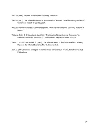 29 
WIEGO (2000). “Women in the Informal Economy.” Brochure. 
WEIGO (2001). “The Informal Economy in North America.” Harvard Trade Union Program/WIEGO 
Conference Report, 21-22 May 2001. 
WIEGO, International Labour Conference (2002). “Workers in the Informal Economy: Platform of 
Issues.” 
Williams, Colin. C. & Windebank, Jan (2001) ‘The Growth of Urban Informal Economies’ in 
Paddison, Ronan ed. Handbook of Urban Studies, Sage Publications: London 
Xaba, J., Horn, P. and Motala, S. (2002). “The Informal Sector in Sub-Saharan Africa.” Working 
Paper on the Informal Economy, No. 10. Geneva: ILO. 
Zuin, V. (2004) Business strategies of informal micro-entrepreneurs in Lima, Peru Geneva: IILS 
Publications 
 