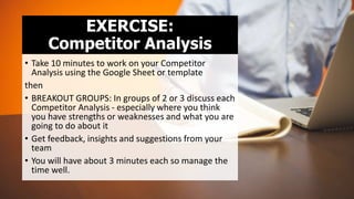 EXERCISE:
Competitor Analysis
• Take 10 minutes to work on your Competitor
Analysis using the Google Sheet or template
then
• BREAKOUT GROUPS: In groups of 2 or 3 discuss each
Competitor Analysis - especially where you think
you have strengths or weaknesses and what you are
going to do about it
• Get feedback, insights and suggestions from your
team
• You will have about 3 minutes each so manage the
time well.
 