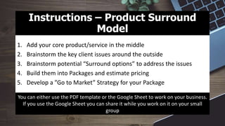 Instructions – Product Surround
Model
1. Add your core product/service in the middle
2. Brainstorm the key client issues around the outside
3. Brainstorm potential “Surround options” to address the issues
4. Build them into Packages and estimate pricing
5. Develop a ”Go to Market” Strategy for your Package
You can either use the PDF template or the Google Sheet to work on your business.
If you use the Google Sheet you can share it while you work on it on your small
group
 