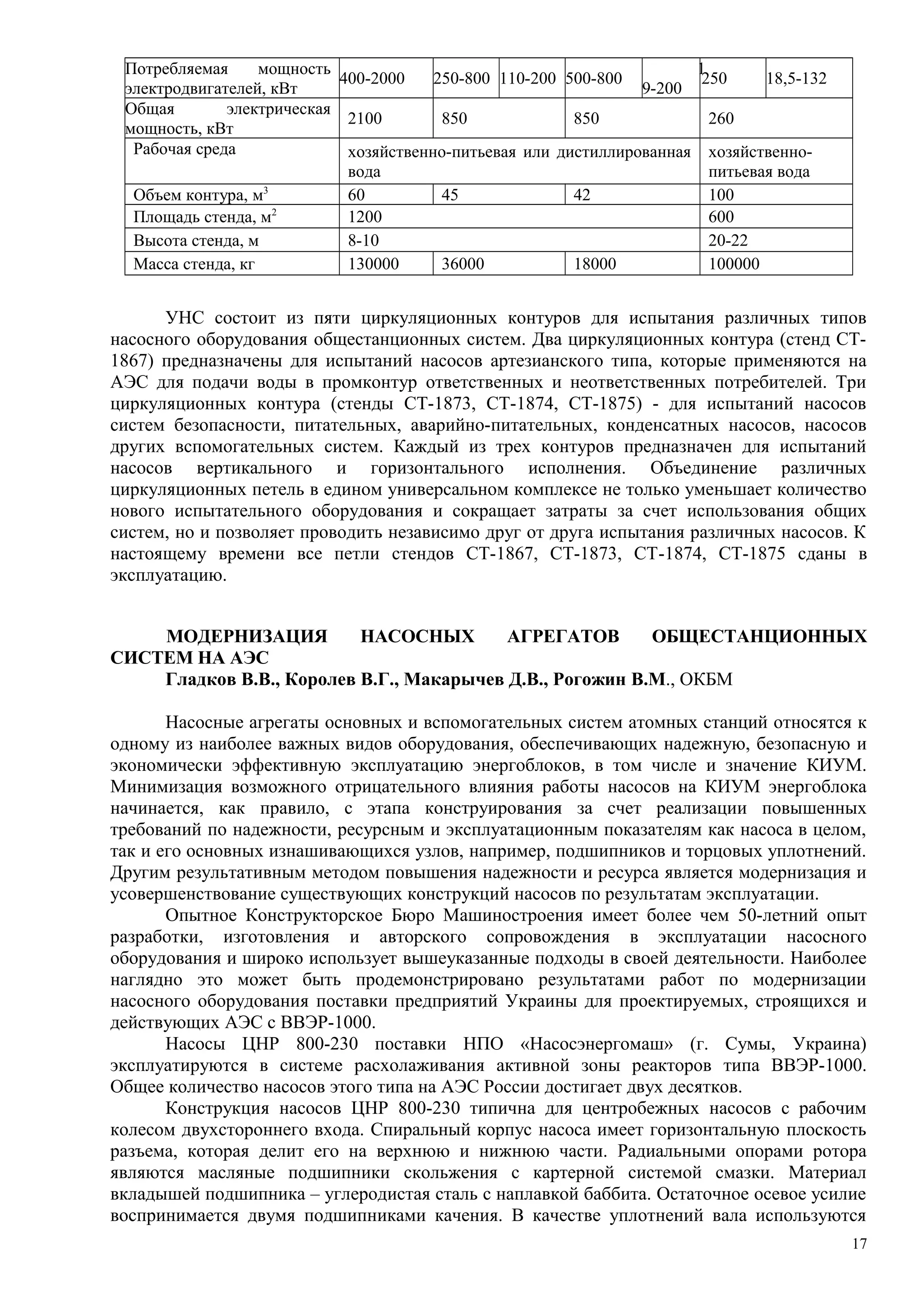 Потребляемая мощность
электродвигателей, кВт
400-2000 250-800 110-200 500-800
1
9-200
250 18,5-132
Общая электрическая
мощность, кВт
2100 850 850 260
Рабочая среда хозяйственно-питьевая или дистиллированная
вода
хозяйственно-
питьевая вода
Объем контура, м3
60 45 42 100
Площадь стенда, м2
1200 600
Высота стенда, м 8-10 20-22
Масса стенда, кг 130000 36000 18000 100000
УНС состоит из пяти циркуляционных контуров для испытания различных типов
насосного оборудования общестанционных систем. Два циркуляционных контура (стенд СТ-
1867) предназначены для испытаний насосов артезианского типа, которые применяются на
АЭС для подачи воды в промконтур ответственных и неответственных потребителей. Три
циркуляционных контура (стенды СТ-1873, СТ-1874, СТ-1875) - для испытаний насосов
систем безопасности, питательных, аварийно-питательных, конденсатных насосов, насосов
других вспомогательных систем. Каждый из трех контуров предназначен для испытаний
насосов вертикального и горизонтального исполнения. Объединение различных
циркуляционных петель в едином универсальном комплексе не только уменьшает количество
нового испытательного оборудования и сокращает затраты за счет использования общих
систем, но и позволяет проводить независимо друг от друга испытания различных насосов. К
настоящему времени все петли стендов СТ-1867, СТ-1873, СТ-1874, СТ-1875 сданы в
эксплуатацию.
МОДЕРНИЗАЦИЯ НАСОСНЫХ АГРЕГАТОВ ОБЩЕСТАНЦИОННЫХ
СИСТЕМ НА АЭС
Гладков В.В., Королев В.Г., Макарычев Д.В., Рогожин В.М., ОКБМ
Насосные агрегаты основных и вспомогательных систем атомных станций относятся к
одному из наиболее важных видов оборудования, обеспечивающих надежную, безопасную и
экономически эффективную эксплуатацию энергоблоков, в том числе и значение КИУМ.
Минимизация возможного отрицательного влияния работы насосов на КИУМ энергоблока
начинается, как правило, с этапа конструирования за счет реализации повышенных
требований по надежности, ресурсным и эксплуатационным показателям как насоса в целом,
так и его основных изнашивающихся узлов, например, подшипников и торцовых уплотнений.
Другим результативным методом повышения надежности и ресурса является модернизация и
усовершенствование существующих конструкций насосов по результатам эксплуатации.
Опытное Конструкторское Бюро Машиностроения имеет более чем 50-летний опыт
разработки, изготовления и авторского сопровождения в эксплуатации насосного
оборудования и широко использует вышеуказанные подходы в своей деятельности. Наиболее
наглядно это может быть продемонстрировано результатами работ по модернизации
насосного оборудования поставки предприятий Украины для проектируемых, строящихся и
действующих АЭС с ВВЭР-1000.
Насосы ЦНР 800-230 поставки НПО «Насосэнергомаш» (г. Сумы, Украина)
эксплуатируются в системе расхолаживания активной зоны реакторов типа ВВЭР-1000.
Общее количество насосов этого типа на АЭС России достигает двух десятков.
Конструкция насосов ЦНР 800-230 типична для центробежных насосов с рабочим
колесом двухстороннего входа. Спиральный корпус насоса имеет горизонтальную плоскость
разъема, которая делит его на верхнюю и нижнюю части. Радиальными опорами ротора
являются масляные подшипники скольжения с картерной системой смазки. Материал
вкладышей подшипника – углеродистая сталь с наплавкой баббита. Остаточное осевое усилие
воспринимается двумя подшипниками качения. В качестве уплотнений вала используются
17
 
