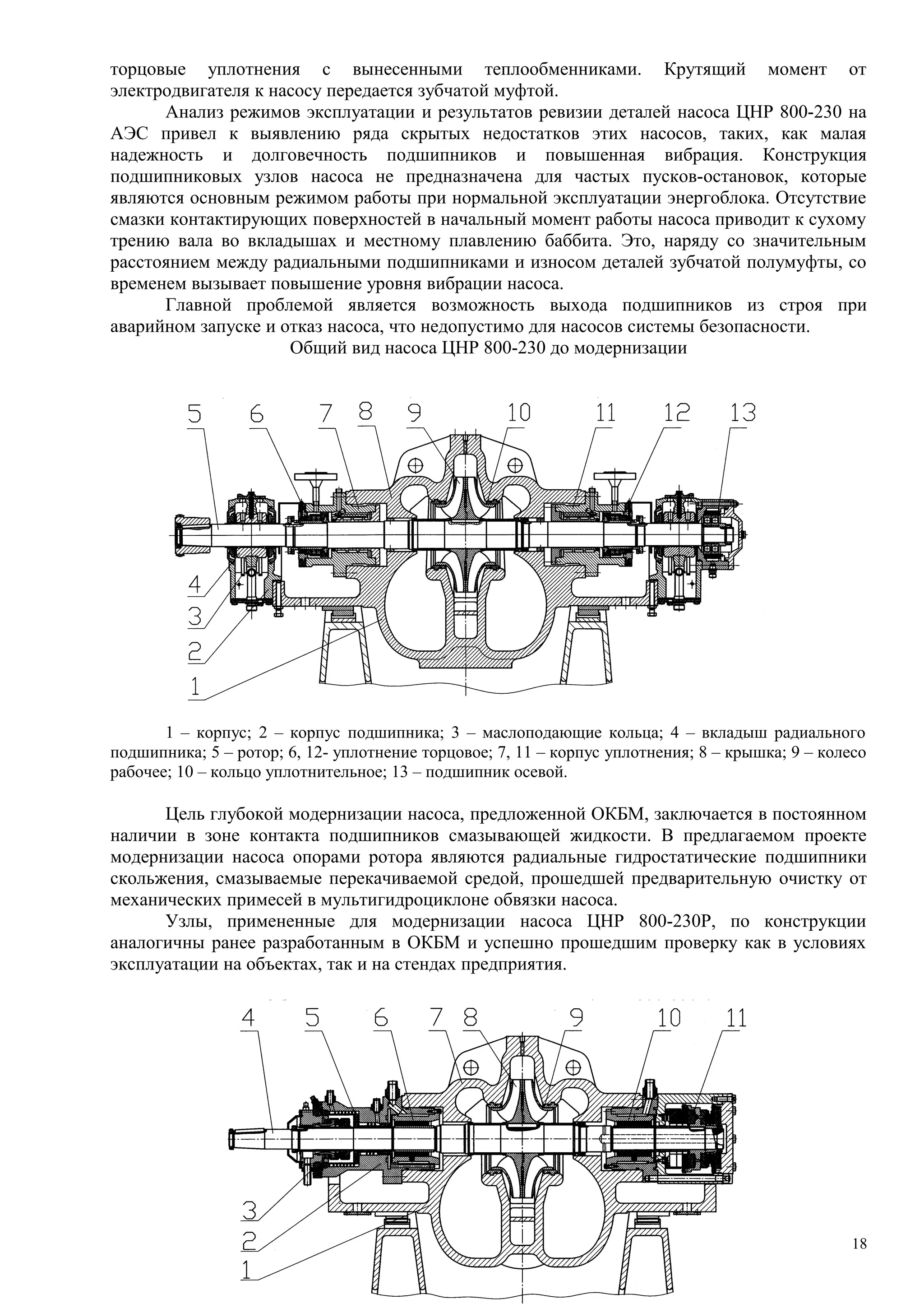 торцовые уплотнения с вынесенными теплообменниками. Крутящий момент от
электродвигателя к насосу передается зубчатой муфтой.
Анализ режимов эксплуатации и результатов ревизии деталей насоса ЦНР 800-230 на
АЭС привел к выявлению ряда скрытых недостатков этих насосов, таких, как малая
надежность и долговечность подшипников и повышенная вибрация. Конструкция
подшипниковых узлов насоса не предназначена для частых пусков-остановок, которые
являются основным режимом работы при нормальной эксплуатации энергоблока. Отсутствие
смазки контактирующих поверхностей в начальный момент работы насоса приводит к сухому
трению вала во вкладышах и местному плавлению баббита. Это, наряду со значительным
расстоянием между радиальными подшипниками и износом деталей зубчатой полумуфты, со
временем вызывает повышение уровня вибрации насоса.
Главной проблемой является возможность выхода подшипников из строя при
аварийном запуске и отказ насоса, что недопустимо для насосов системы безопасности.
Общий вид насоса ЦНР 800-230 до модернизации
1 – корпус; 2 – корпус подшипника; 3 – маслоподающие кольца; 4 – вкладыш радиального
подшипника; 5 – ротор; 6, 12- уплотнение торцовое; 7, 11 – корпус уплотнения; 8 – крышка; 9 – колесо
рабочее; 10 – кольцо уплотнительное; 13 – подшипник осевой.
Цель глубокой модернизации насоса, предложенной ОКБМ, заключается в постоянном
наличии в зоне контакта подшипников смазывающей жидкости. В предлагаемом проекте
модернизации насоса опорами ротора являются радиальные гидростатические подшипники
скольжения, смазываемые перекачиваемой средой, прошедшей предварительную очистку от
механических примесей в мультигидроциклоне обвязки насоса.
Узлы, примененные для модернизации насоса ЦНР 800-230Р, по конструкции
аналогичны ранее разработанным в ОКБМ и успешно прошедшим проверку как в условиях
эксплуатации на объектах, так и на стендах предприятия.
Общий вид модернизированного насоса (ЦНР 800-230Р)
18
 