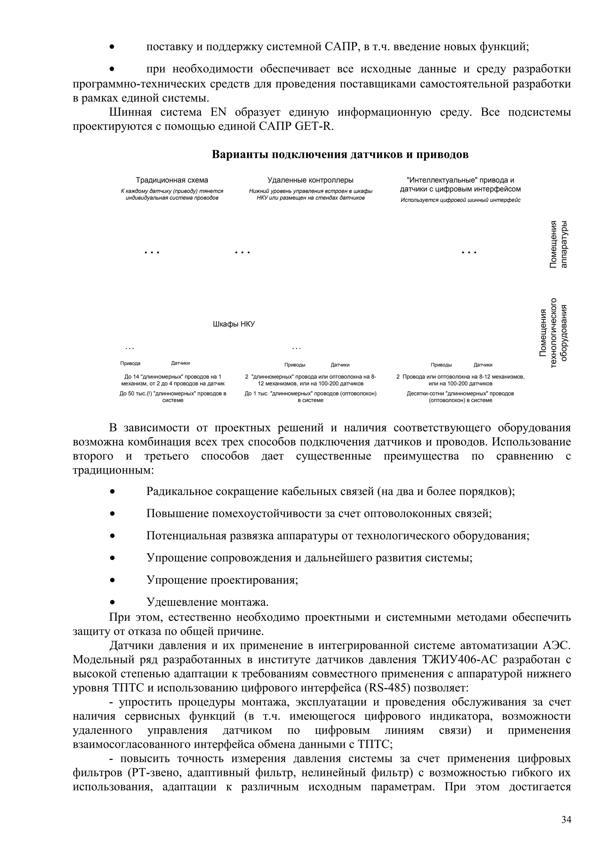 • поставку и поддержку системной САПР, в т.ч. введение новых функций;
• при необходимости обеспечивает все исходные данные и среду разработки
программно-технических средств для проведения поставщиками самостоятельной разработки
в рамках единой системы.
Шинная система EN образует единую информационную среду. Все подсистемы
проектируются с помощью единой САПР GET-R.
Варианты подключения датчиков и приводов
В зависимости от проектных решений и наличия соответствующего оборудования
возможна комбинация всех трех способов подключения датчиков и проводов. Использование
второго и третьего способов дает существенные преимущества по сравнению с
традиционным:
• Радикальное сокращение кабельных связей (на два и более порядков);
• Повышение помехоустойчивости за счет оптоволоконных связей;
• Потенциальная развязка аппаратуры от технологического оборудования;
• Упрощение сопровождения и дальнейшего развития системы;
• Упрощение проектирования;
• Удешевление монтажа.
При этом, естественно необходимо проектными и системными методами обеспечить
защиту от отказа по общей причине.
Датчики давления и их применение в интегрированной системе автоматизации АЭС.
Модельный ряд разработанных в институте датчиков давления ТЖИУ406-АС разработан с
высокой степенью адаптации к требованиям совместного применения с аппаратурой нижнего
уровня ТПТС и использованию цифрового интерфейса (RS-485) позволяет:
- упростить процедуры монтажа, эксплуатации и проведения обслуживания за счет
наличия сервисных функций (в т.ч. имеющегося цифрового индикатора, возможности
удаленного управления датчиком по цифровым линиям связи) и применения
взаимосогласованного интерфейса обмена данными с ТПТС;
- повысить точность измерения давления системы за счет применения цифровых
фильтров (РТ-звено, адаптивный фильтр, нелинейный фильтр) с возможностью гибкого их
использования, адаптации к различным исходным параметрам. При этом достигается
"Интеллектуальные" привода и
датчики с цифровым интерфейсом
Используется цифровой шинный интерфейс
Удаленные контроллеры
Нижний уровень управления встроен в шкафы
НКУ или размещен на стендах датчиков
Традиционная схема
К каждому датчику (приводу) тянется
индивидуальная система проводов
ТПТС55ТПТС55 ТПТС55ТПТС55
. . .
До 14 "длинномерных" проводов на 1
механизм, от 2 до 4 проводов на датчик
До 50 тыс.(!) "длинномерных" проводов в
системе
Шкафы НКУ
. . .
Привода
ТПТС55ТПТС55
ТПТС55ТПТС55
. . .
. . .
2 "длинномерных" провода или оптоволокна на 8-
12 механизмов, или на 100-200 датчиков
До 1 тыс. "длинномерных" проводов (оптоволокон)
в системе
ТПТС55ТПТС55 ТПТС55ТПТС55
. . .
Датчики Датчики
Помещения
аппаратуры
Помещения
технологического
оборудования
2 Провода или оптоволокна на 8-12 механизмов,
или на 100-200 датчиков
Десятки-сотни "длинномерных" проводов
(оптоволокон) в системе
Приводы ДатчикиПриводы
34
 