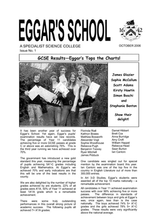 A SPECIALIST SCIENCE COLLEGE                                                                 OCTOBER 2006 
Issue No. 1 

                GCSE Results—Eggar‛s Tops the Charts!


                                                                                      James Glazier
                                                                                     Sophie McCallum
                                                                                       Scott Adams
                                                                                        Kirsty Hawtin
                                                                                       Simon Boschi
                                                                                               and
                                                                                    Stephanie Benton

                                                                                         Show their
                                                                                          delight! 


It  has  been  another  year  of  success  for          Florinda Riall                Daniel Hibbert 
Eggar’s  School.  Yet  again,  Eggar’s  pupils’         Kathryn Bowes                 Brett Cox 
examination  results  have  set  new  records.          Matthew Bosworth              Anna Burridge 
The  percentage  of  Year  11  candidates               Alexander Vogt                Amy Croft 
achieving five or more GCSE passes at grade             Sophie Woodhouse              William Happel 
C  or  above  was  an  astonishing  76%.    This  is    Rebecca Pugh                  Rebecca Head 
the  third  year  running  we  have  achieved  over     Benjamin Toovey               Sean Burton 
70%.                                                    Ryan Mitchell                 Ian Cantoni
                                                        James Pidduck 
The  government  has  introduced  a  new  gold 
standard  this  year,  measuring  the  percentage       One  candidate  was  singled  out  for  special 
of  pupils  achieving  5A*­C  grades  including         mention  by  the  examination  board  this  year. 
English  and  Mathematics.  At  Eggar’s  we             Ian  Cantoni  was  one  of  the  top  five  in  the 
achieved  70%  and  early  indications  are  that       country  in  English  Literature  out  of  more  than 
this  will  be  one  of  the  best  results  in  the    300,000 entries. 
county.                                                 In  Art  3­D  Studies,  Eggar’s  students  were 
                                                        awarded  all  of  the  top  10  marks  nationally  ­  a 
We are also delighted by the number of higher           remarkable achievement. 
grades  achieved  by  are  students.  22%  of  all 
grades were A*/A. 50% of Year 11 achieved at            All candidates in Year 11 achieved examination 
least  1A*/A  grade  which  is  a  remarkable           success  with  over  99%  achieving  five  or  more 
achievement.                                            passes.    The  difference  in  standards  of 
                                                        achievement between boys and girls at Eggar’s 
There  were  some  truly  outstanding                   was,  once  again,  less  than  is  the  case 
performances  in  this  overall  strong  picture  of    nationally.    The  boys  achieved  74%  5+  A*­C 
academic  success.    The  following  pupils  all       grades  and  the  girls  achieved  78%  5+  A*­C 
achieved 7+ A*/A grades:                                grades.    These  results  were  very  significantly 
                                                        above the national average. 
 