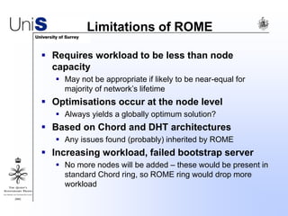 Limitations of ROME
 Requires workload to be less than node
capacity
 May not be appropriate if likely to be near-equal for
majority of network’s lifetime
 Optimisations occur at the node level
 Always yields a globally optimum solution?
 Based on Chord and DHT architectures
 Any issues found (probably) inherited by ROME
 Increasing workload, failed bootstrap server
 No more nodes will be added – these would be present in
standard Chord ring, so ROME ring would drop more
workload
 