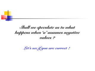 Shall we speculate as to what
happens when ‘a’ assumes negative
values ?
Let’s see if you are correct !
 