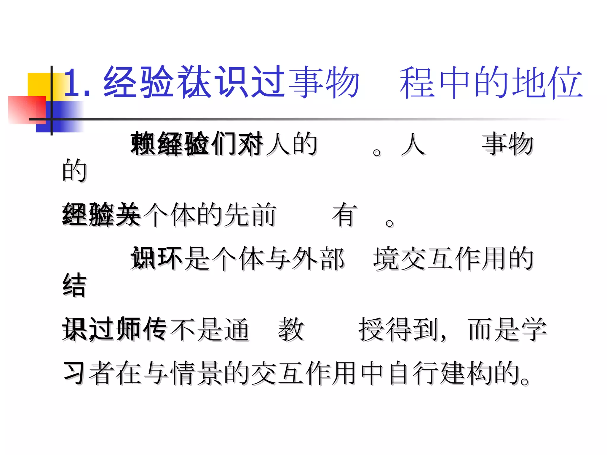 理解依赖个人的经验。人们对事物的 理解与个体的先前经验有关。 知识是个体与外部环境交互作用的结 果，知识不是通过教师传授得到，而是学 习者在与情景的交互作用中自行建构的。 1. 经验在认识事物过程中的地位 